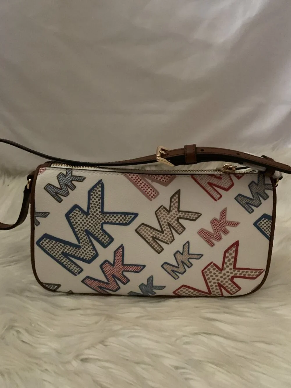 MICHAEL KORS Signature Logo Medium Pouchette in Optic White/Brown